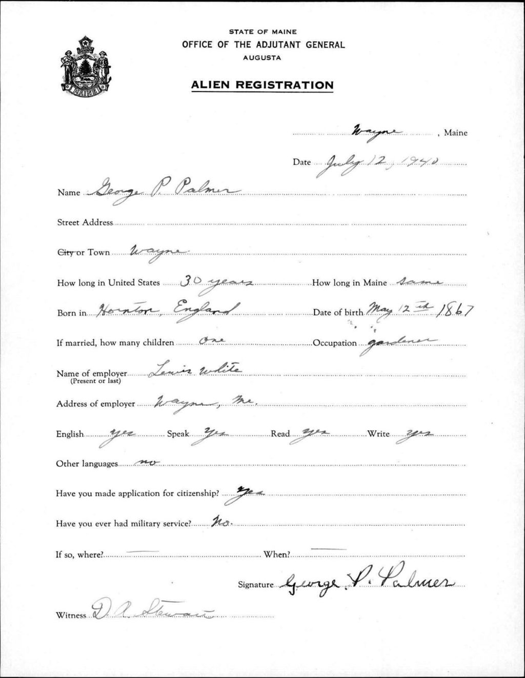 Miniature of Alien Registration- Palmer, George P. (Wayne, Kennebec County)