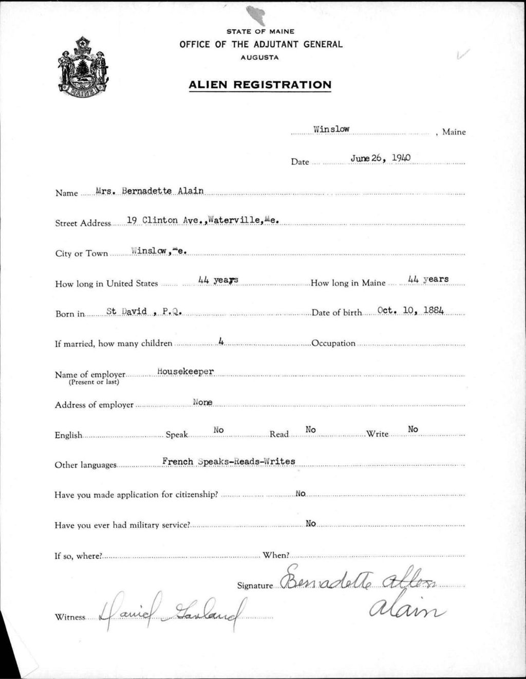 Miniature of Alien Registration- Alain, Bernadette (Winslow, Kennebec County)