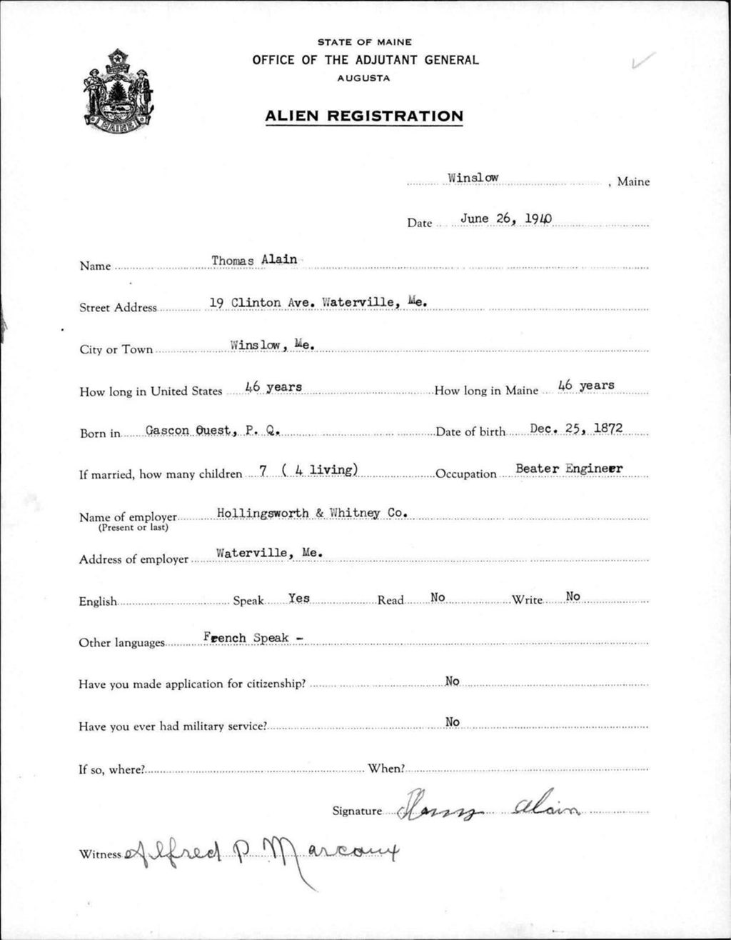 Miniature of Alien Registration- Alain, Thomas (Winslow, Kennebec County)