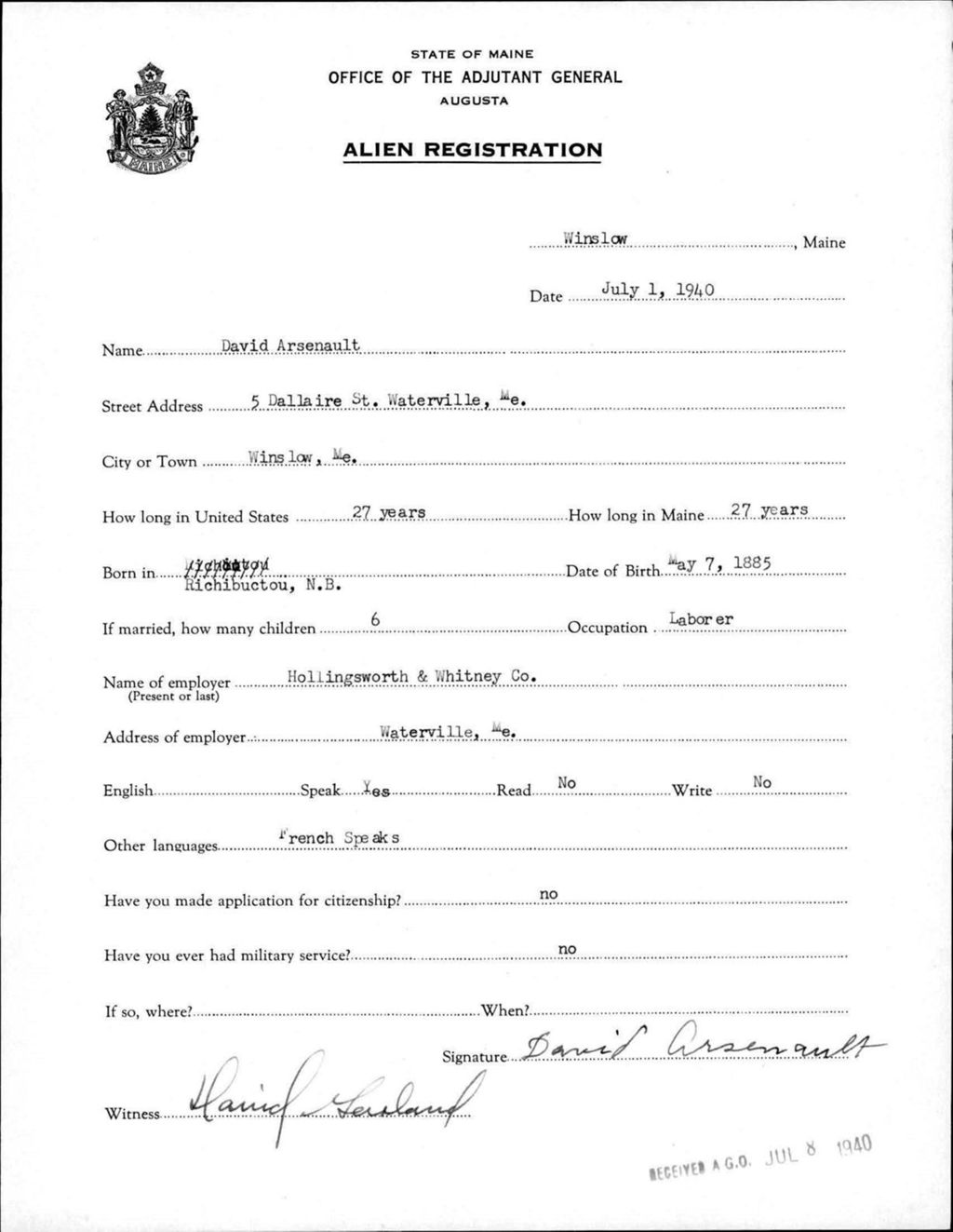 Miniature of Alien Registration- Arsenault, David (Winslow, Kennebec County)