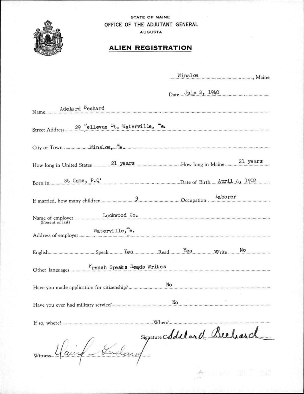 Miniature of Alien Registration- Bechard, Adelard (Winslow, Kennebec County)
