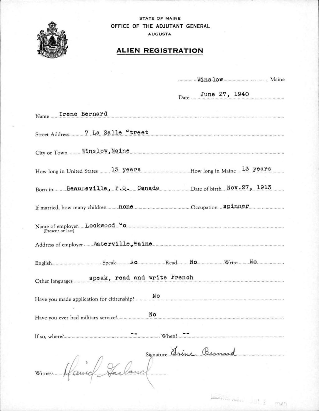 Miniature of Alien Registration- Bernard, Irene (Winslow, Kennebec County)