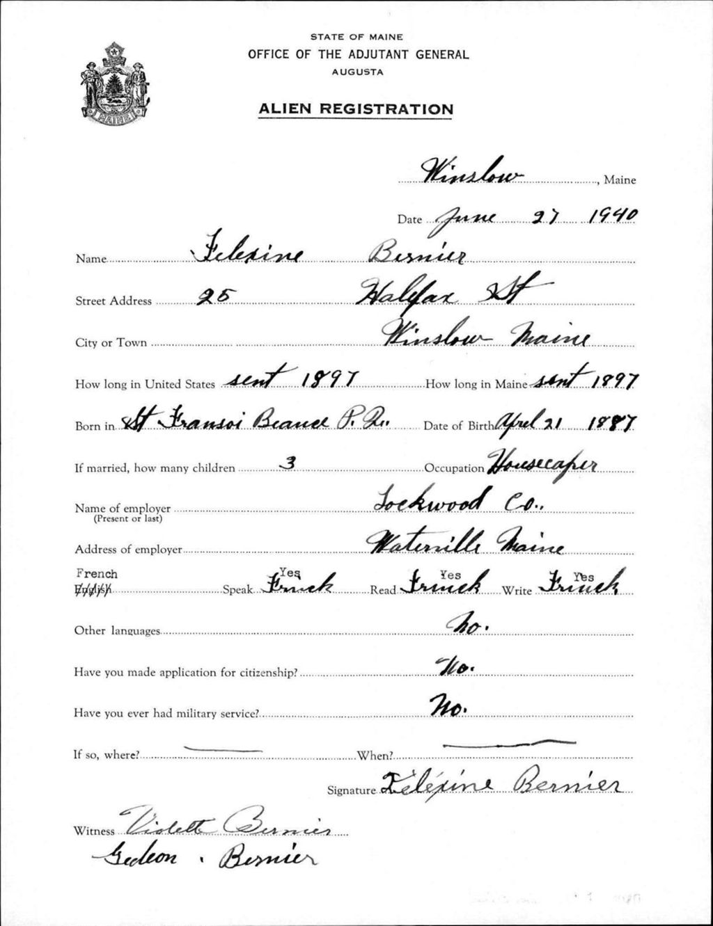 Miniature of Alien Registration- Bernier, Felexine (Winslow, Kennebec County)