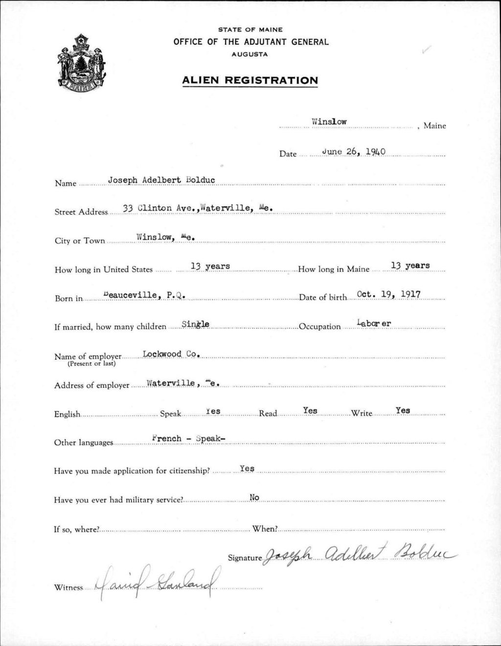 Miniature of Alien Registration- Bolduc, Joseph A. (Winslow, Kennebec County)