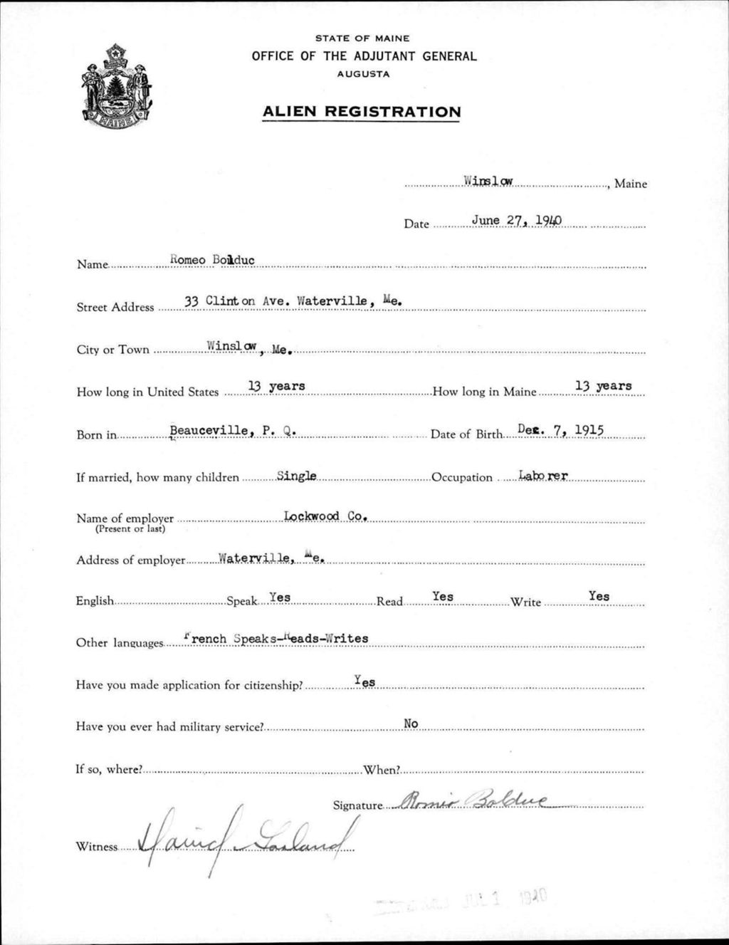 Miniature of Alien Registration- Bolduc, Romeo (Winslow, Kennebec County)