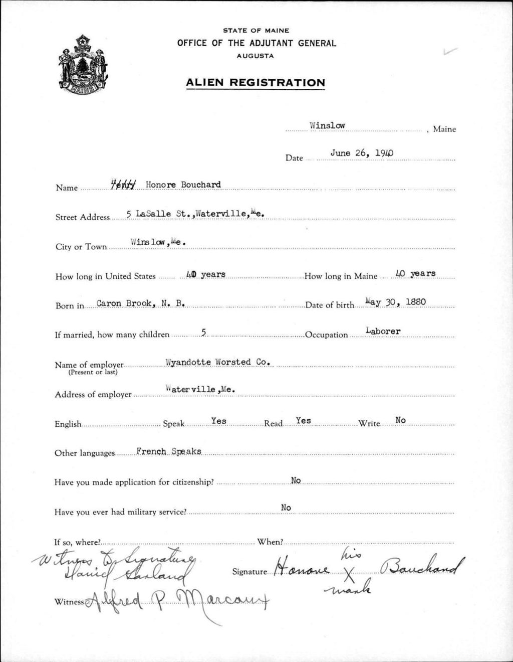 Miniature of Alien Registration- Bouchard, Honore (Winslow, Kennebec County)