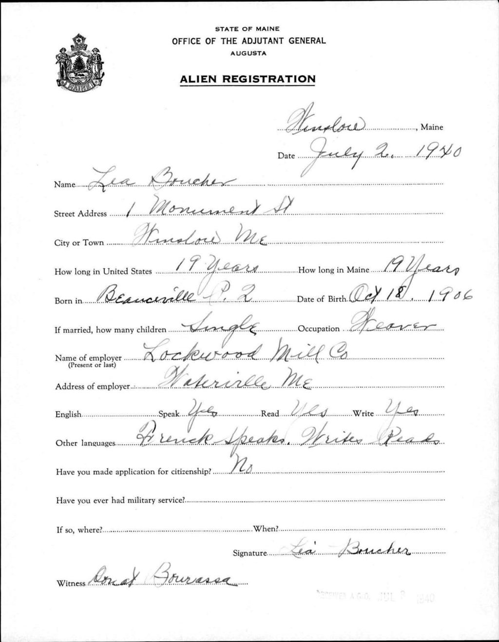 Miniature of Alien Registration- Boucher, Lea (Winslow, Kennebec County)