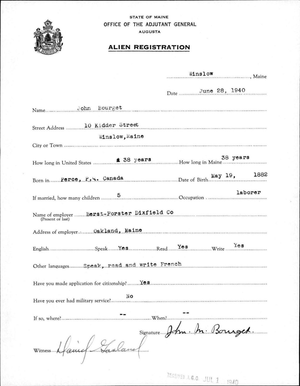 Miniature of Alien Registration- Bourget, John (Winslow, Kennebec County)