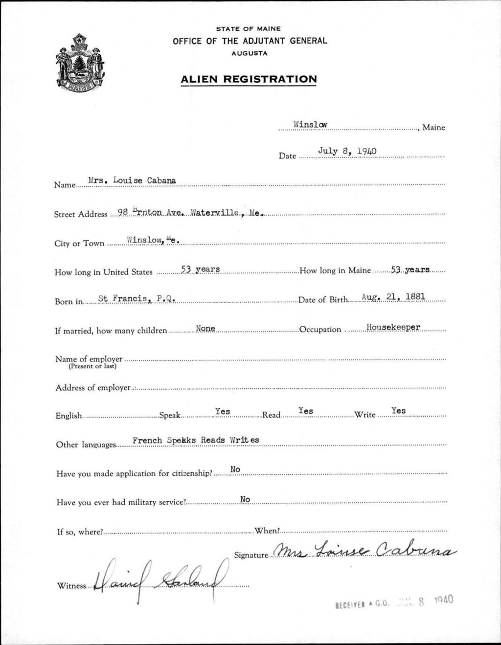 Miniature of Alien Registration- Cabana, Louise (Winslow, Kennebec County)