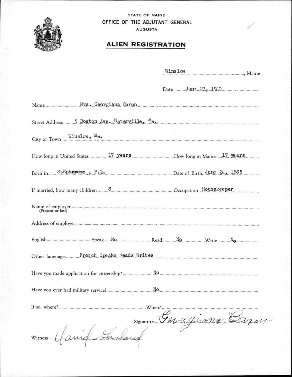 Miniature of Alien Registration- Caron, Georgiana (Winslow, Kennebec County)