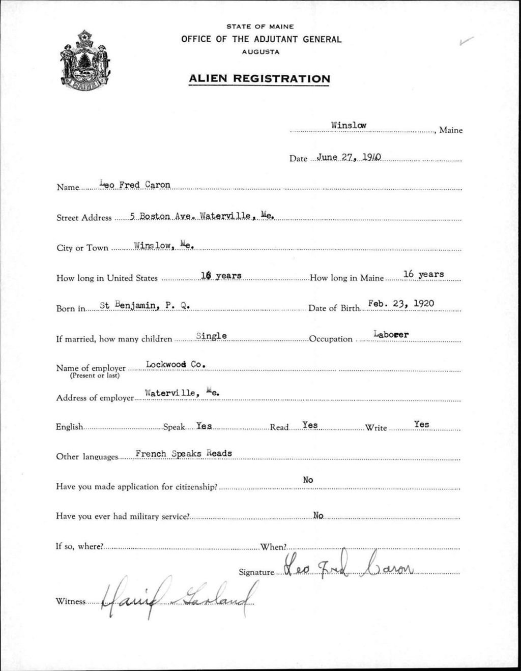 Miniature of Alien Registration- Caron, Leo F. (Winslow, Kennebec County)