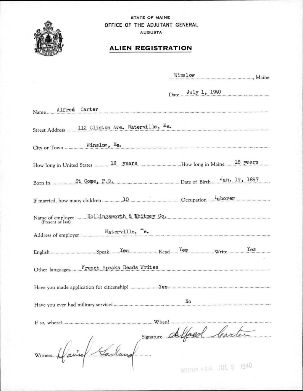 Miniature of Alien Registration- Carter, Alfred (Winslow, Kennebec County)