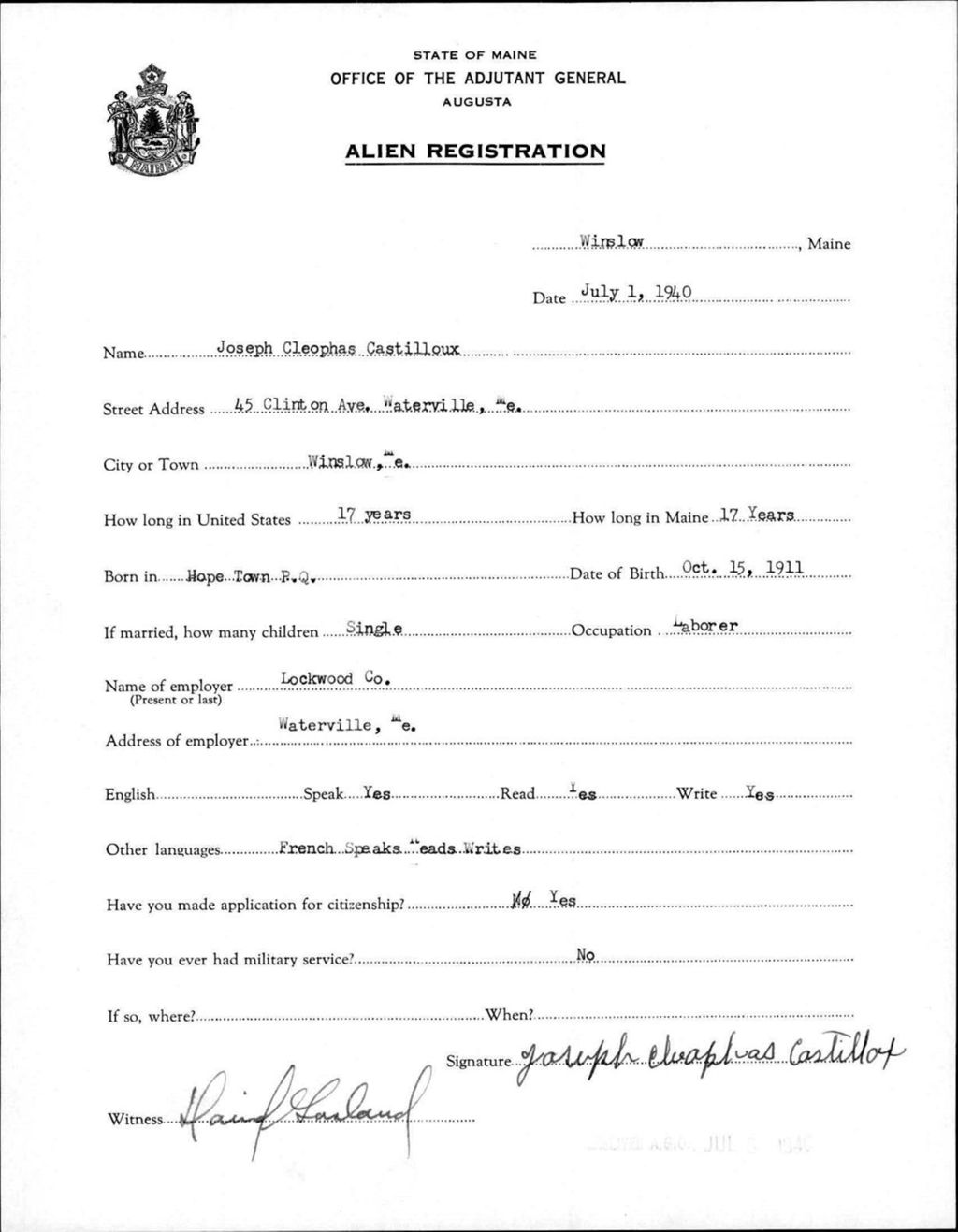 Miniature of Alien Registration- Castilloux, Joseph C. (Winslow, Kennebec County)