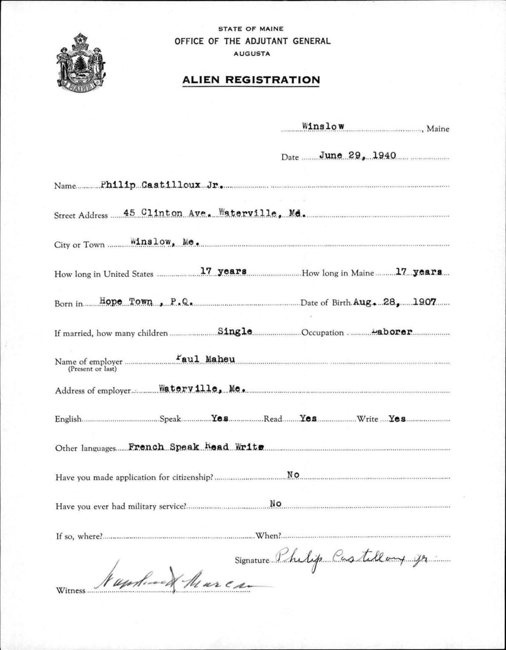 Miniature of Alien Registration- Castilloux, Philip, Jr. (Winslow, Kennebec County)