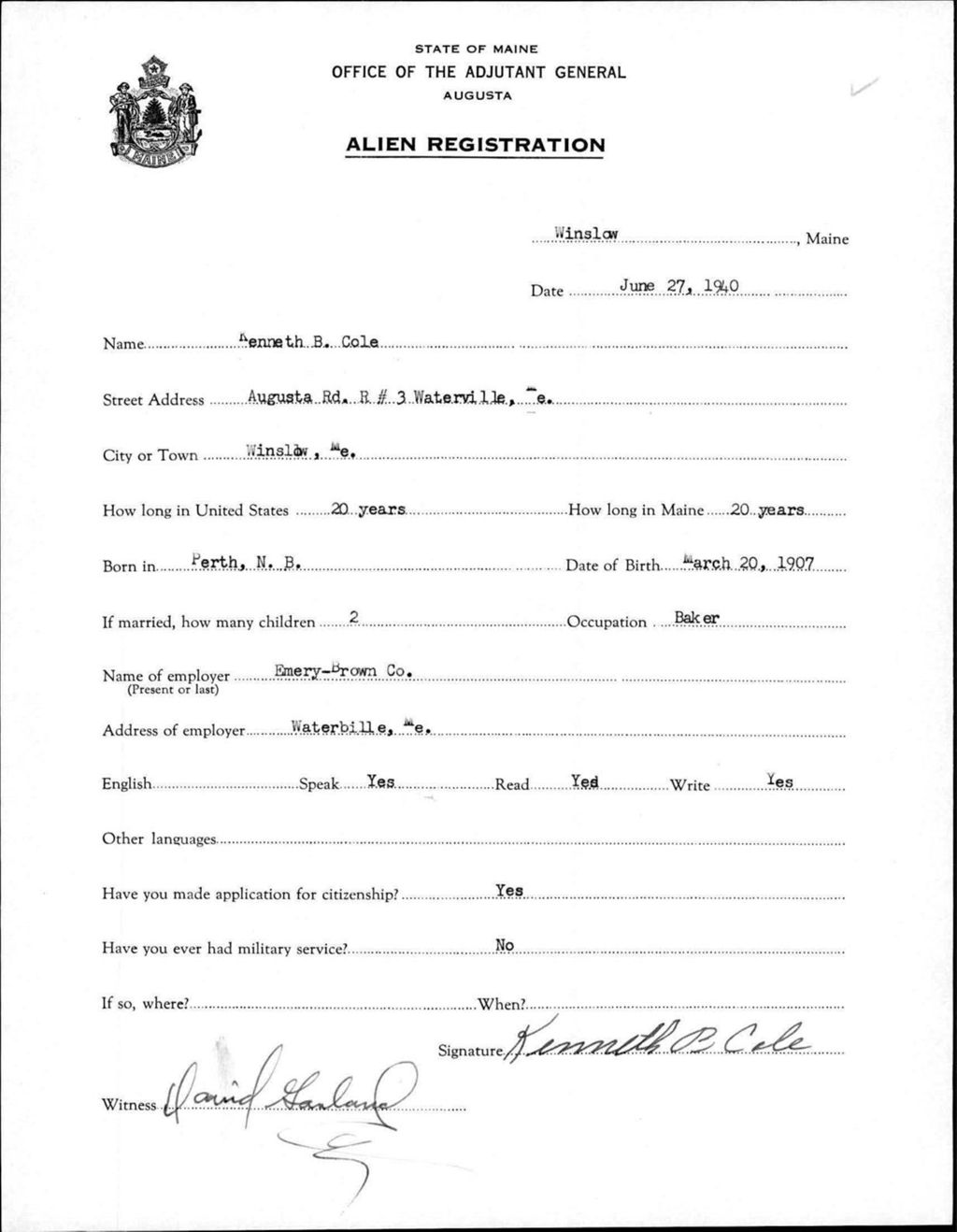 Miniature of Alien Registration- Cole, Kenneth B. (Winslow, Kennebec County)