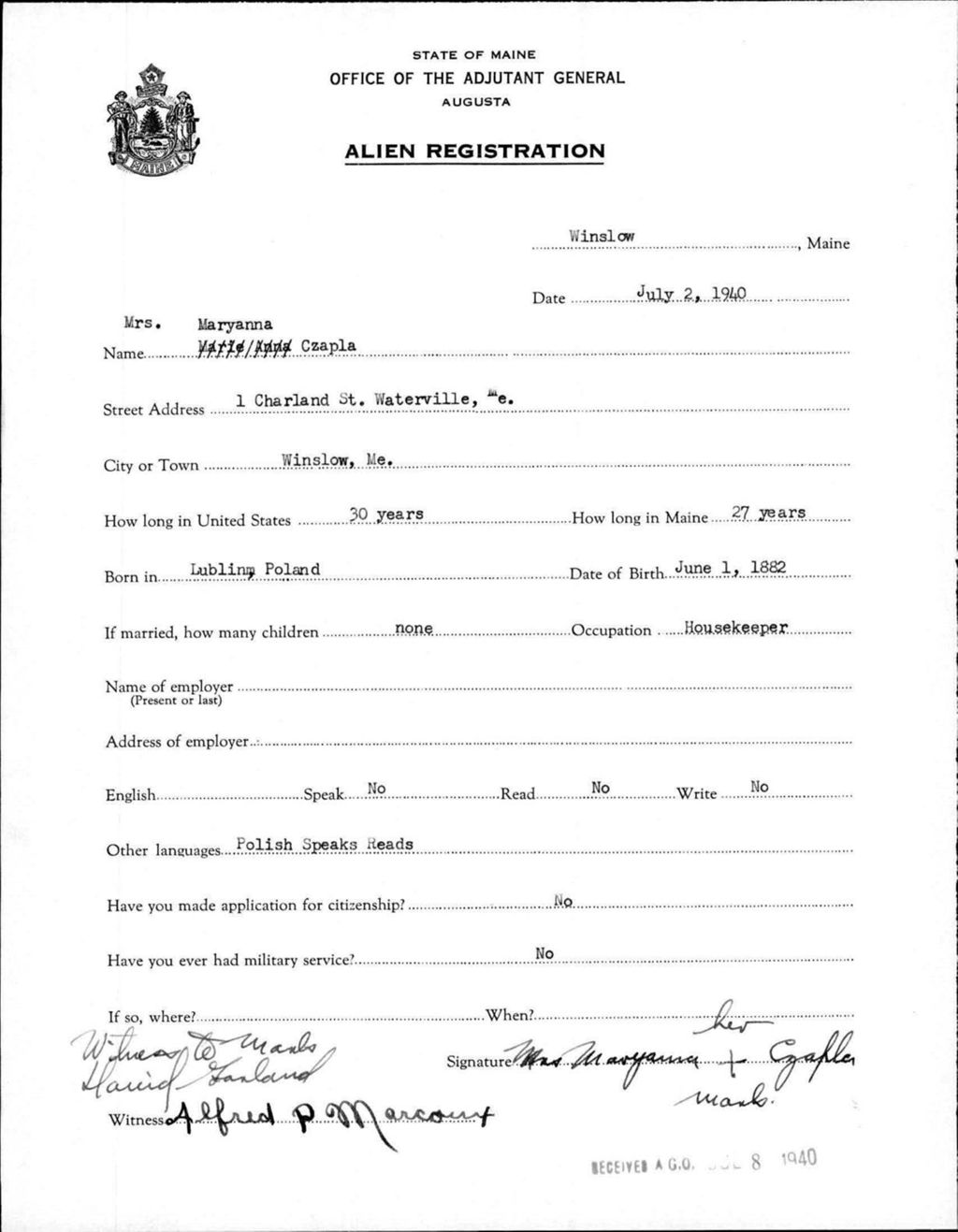 Miniature of Alien Registration- Czapla, Maryanna (Winslow, Kennebec County)
