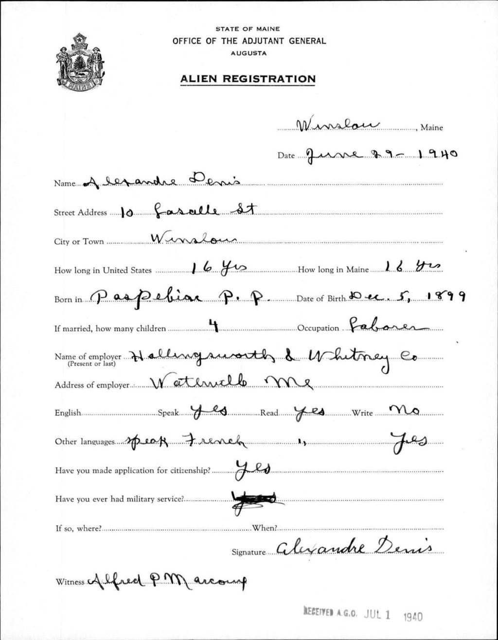 Miniature of Alien Registration- Denis, Alexandre (Winslow, Kennebec County)