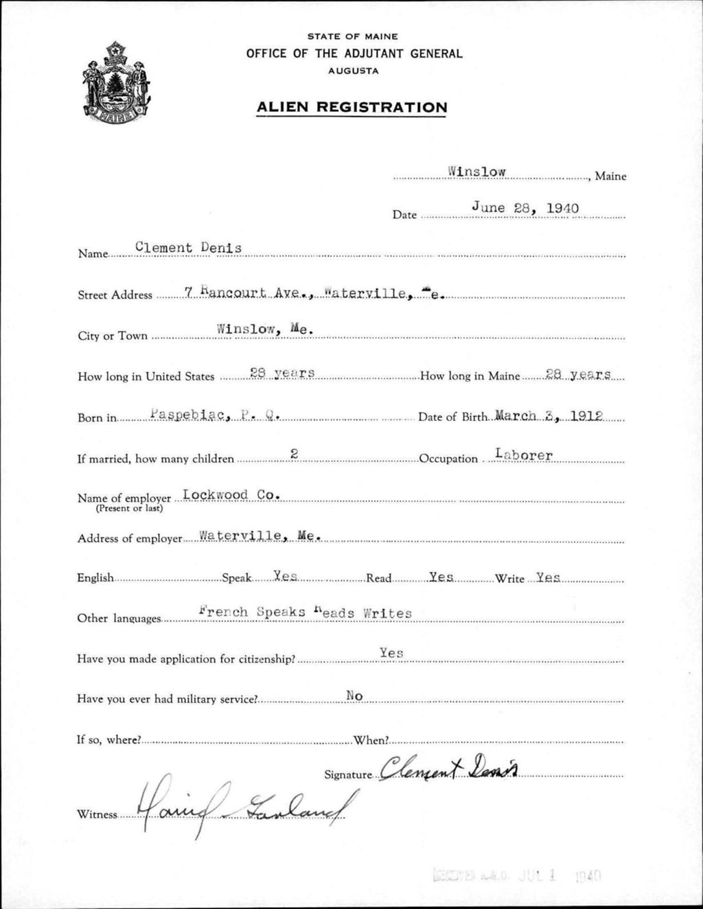 Miniature of Alien Registration- Denis, Clement (Winslow, Kennebec County)
