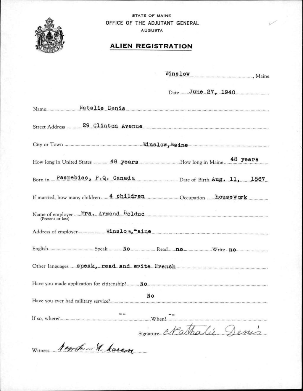 Miniature of Alien Registration- Denis, Natalie (Winslow, Kennebec County)
