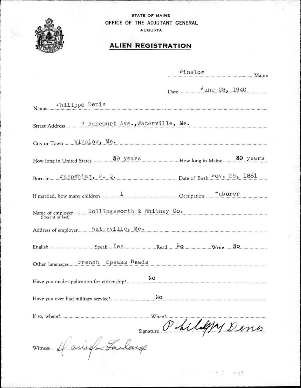 Miniature of Alien Registration- Denis, Philippe (Winslow, Kennebec County)