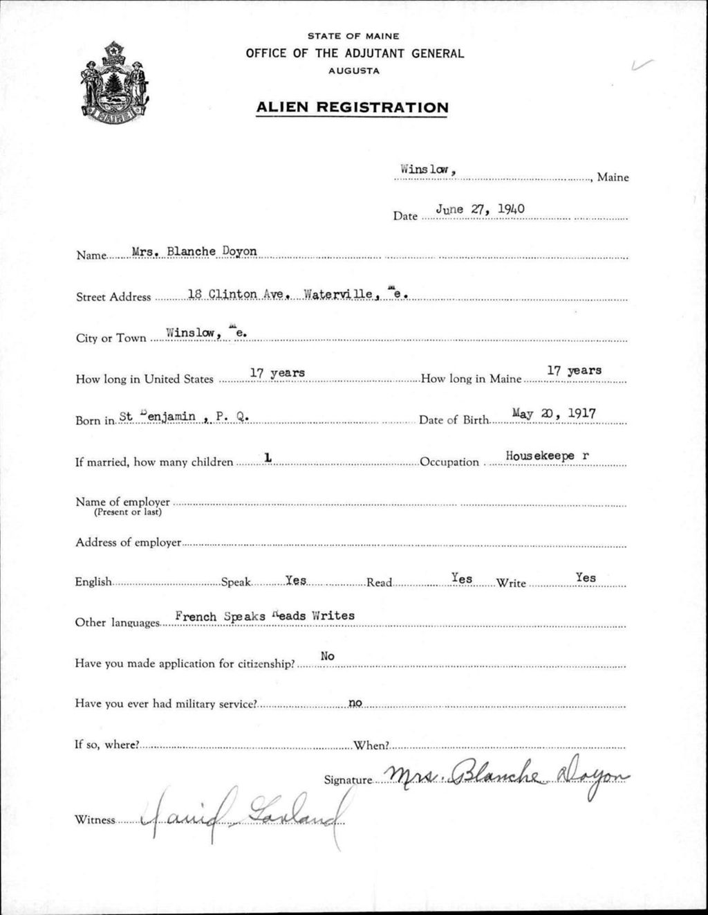 Miniature of Alien Registration- Doyon, Blanche (Winslow, Kennebec County)
