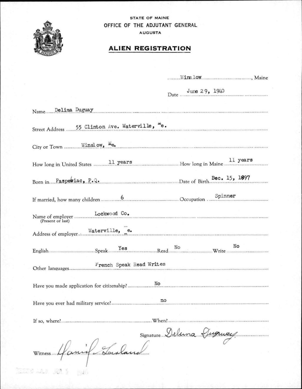 Miniature of Alien Registration- Duguay, Delima (Winslow, Kennebec County)