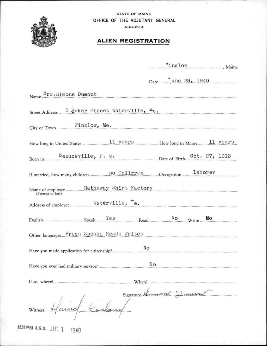 Miniature of Alien Registration- Dumont, Simone (Winslow, Kennebec County)