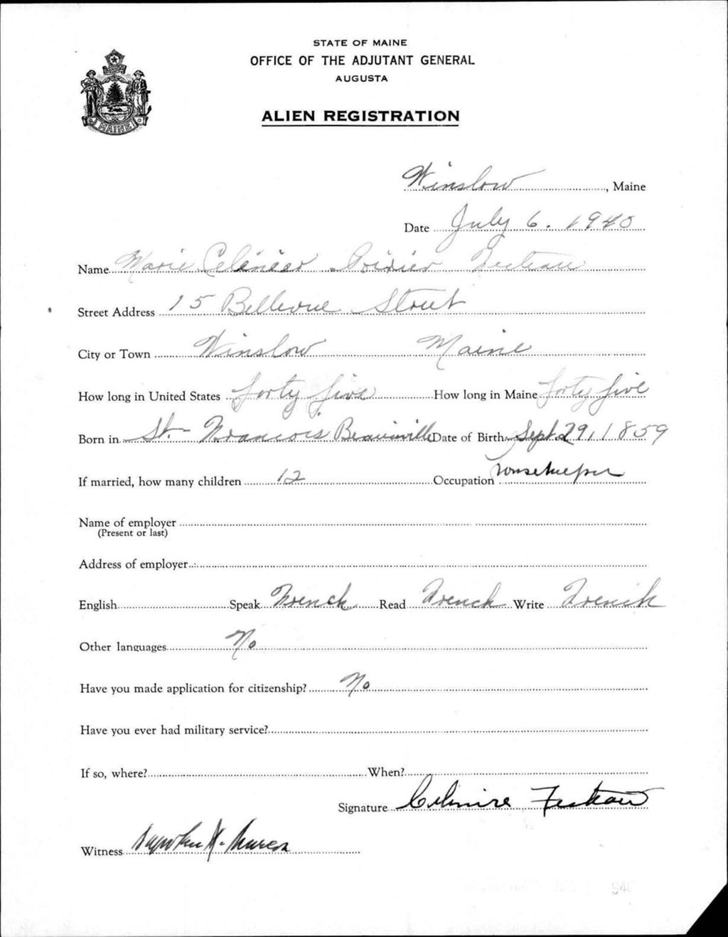 Miniature of Alien Registration- Poirier, Marie C. (Winslow, Kennebec County)