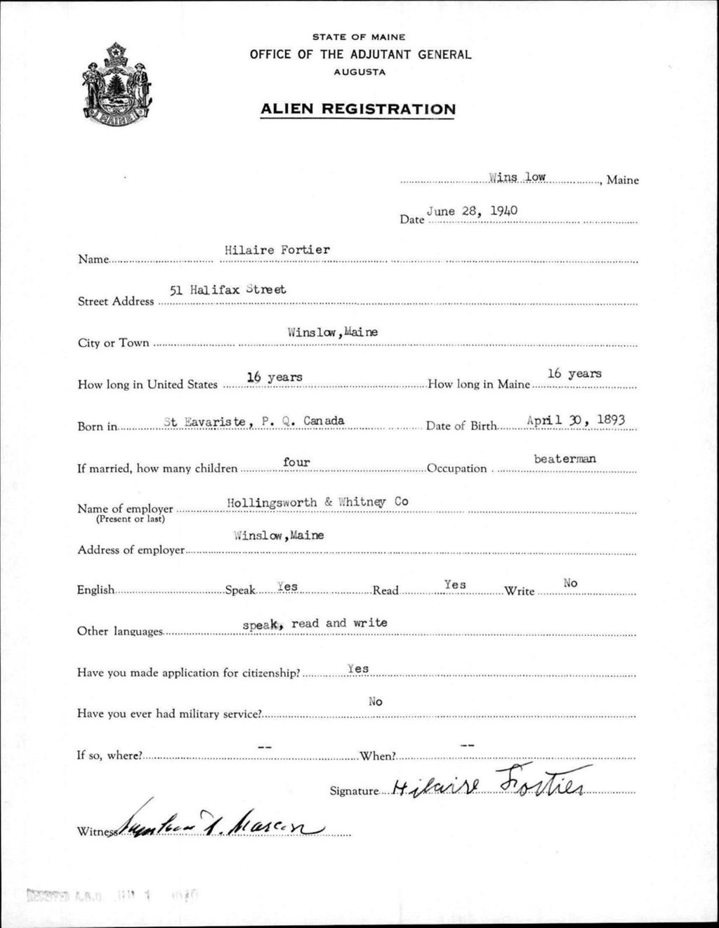 Miniature of Alien Registration- Fortier, Hilaire (Winslow, Kennebec County)
