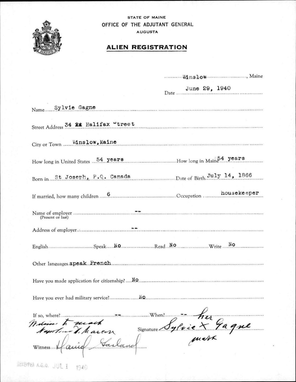 Miniature of Alien Registration- Gagne, Sylvie (Winslow, Kennebec County)