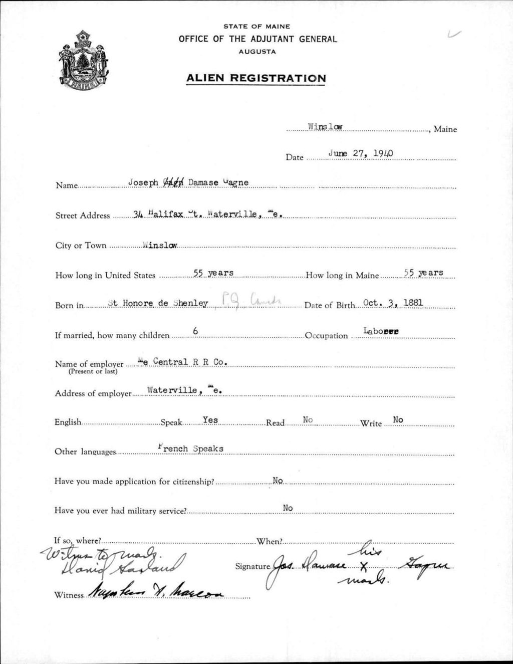 Miniature of Alien Registration- Gagne, Joseph D. (Winslow, Kennebec County)