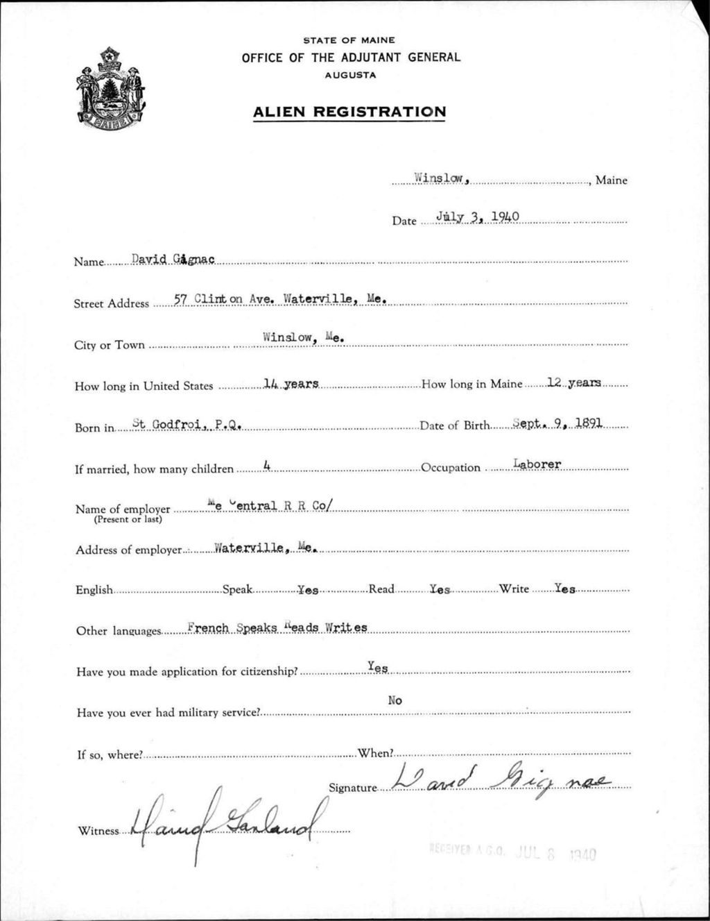 Miniature of Alien Registration- Gignac, David (Winslow, Kennebec County)