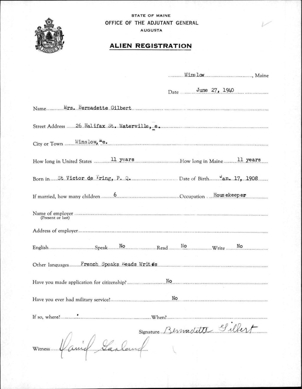 Miniature of Alien Registration- Gilbert, Bernadette (Winslow, Kennebec County)