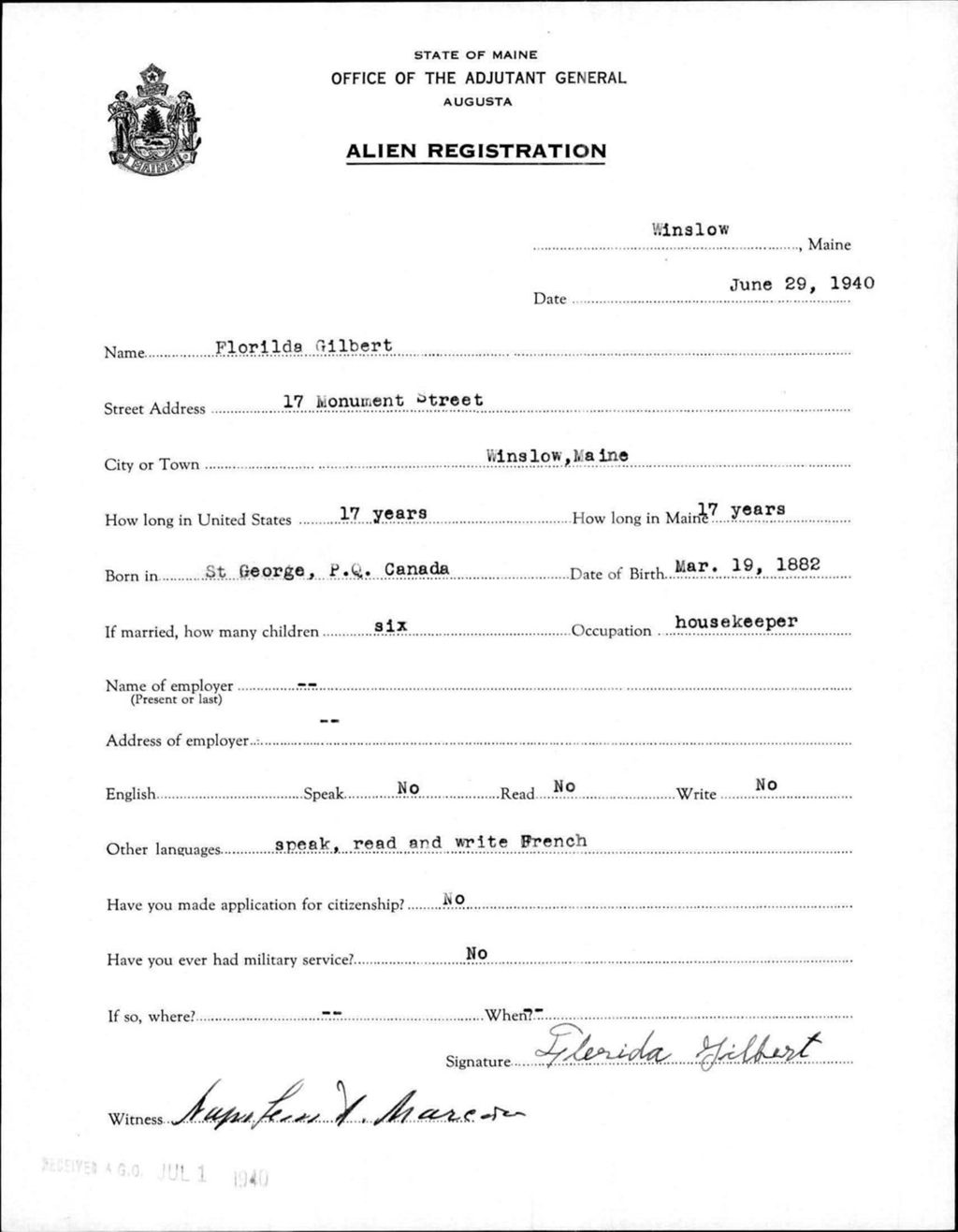 Miniature of Alien Registration- Gilbert, Florilda (Winslow, Kennebec County)