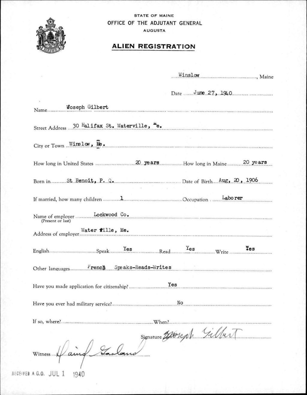 Miniature of Alien Registration- Gilbert, Joseph (Winslow, Kennebec County)