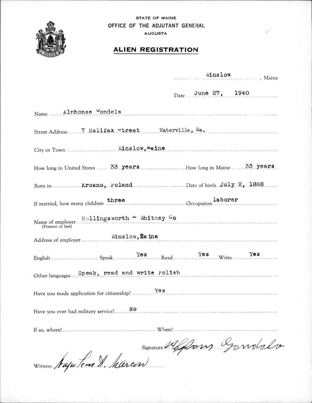 Miniature of Alien Registration- Gondela, Alphonse (Winslow, Kennebec County)