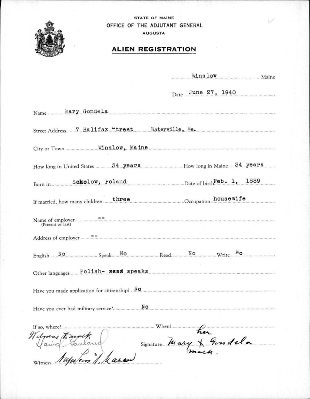 Miniature of Alien Registration- Gondela, Mary (Winslow, Kennebec County)