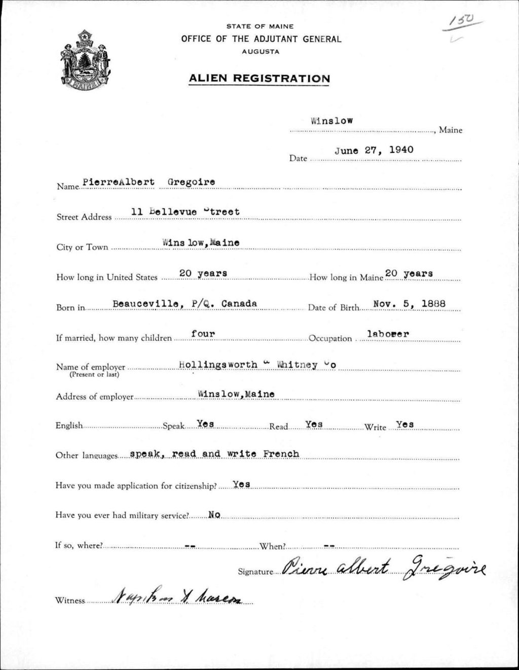 Miniature of Alien Registration- Gregoire, Pierre A. (Winslow, Kennebec County)
