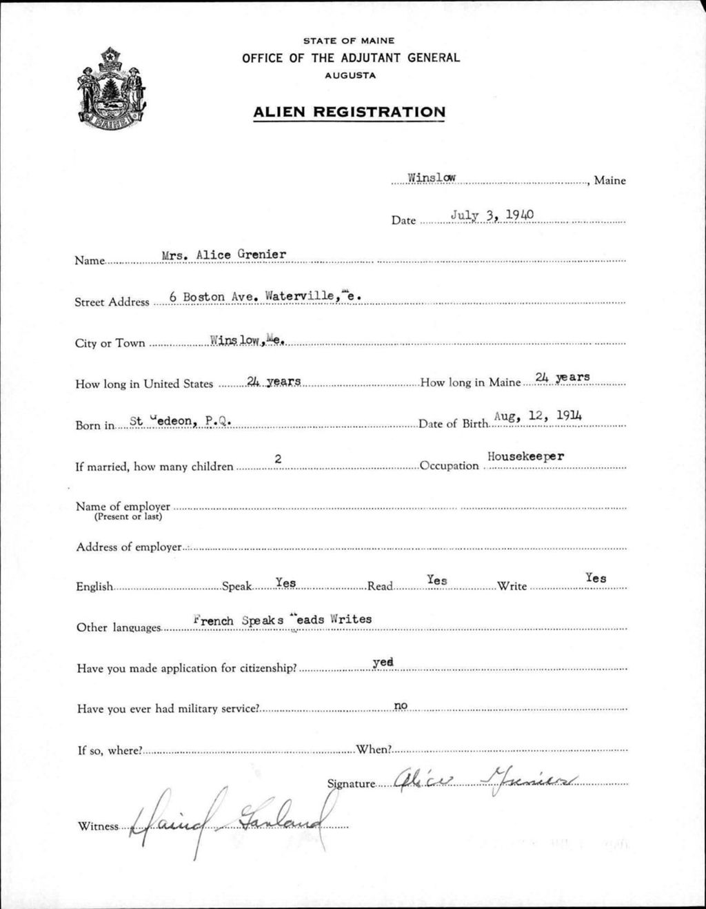 Miniature of Alien Registration- Grenier, Alice (Winslow, Kennebec County)