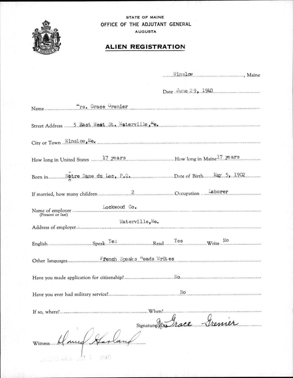 Miniature of Alien Registration- Grenier, Grace (Winslow, Kennebec County)