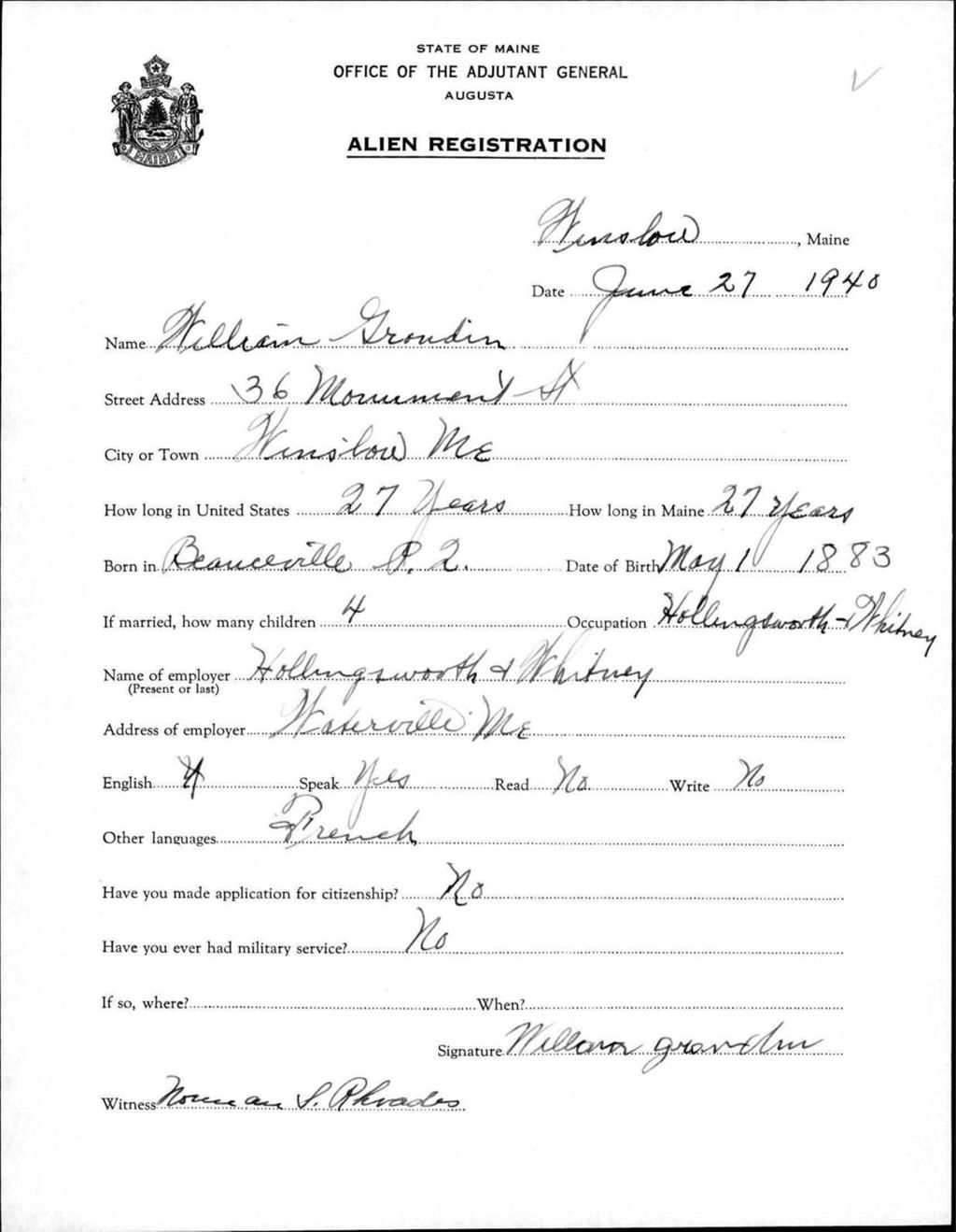 Miniature of Alien Registration- Grondin, William (Winslow, Kennebec County)