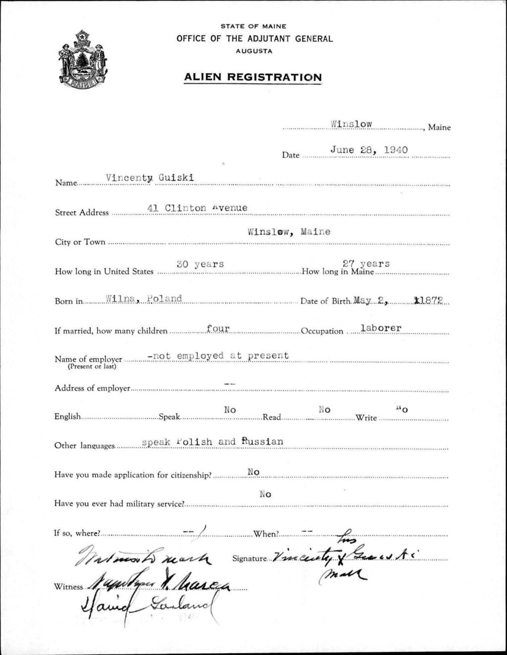Miniature of Alien Registration- Guiski, Vincenty (Winslow, Kennebec County)