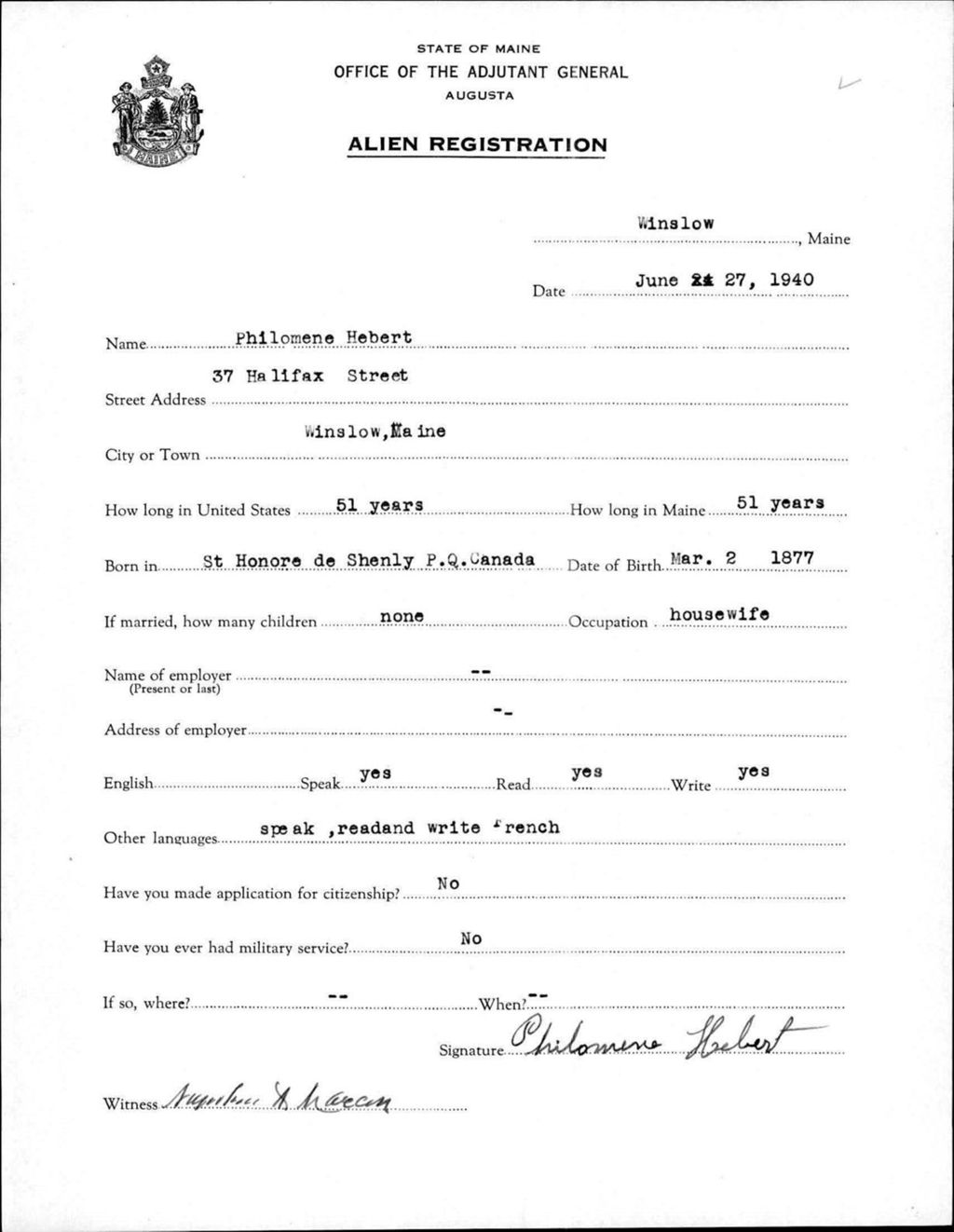 Miniature of Alien Registration- Hebert, Philomene (Winslow, Kennebec County)