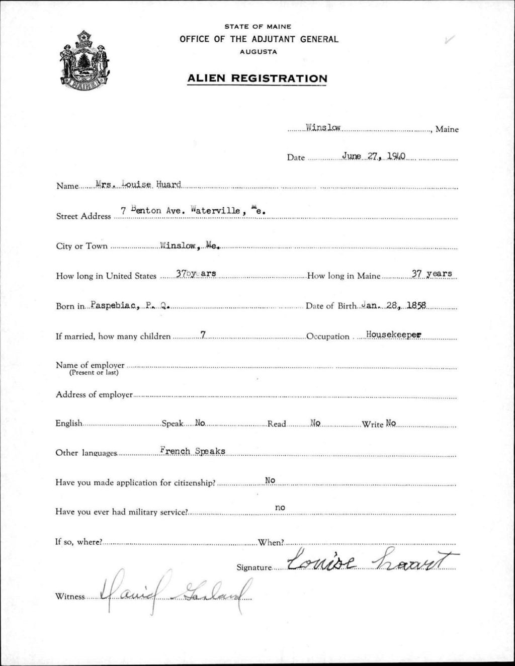 Miniature of Alien Registration- Huard, Louise (Winslow, Kennebec County)
