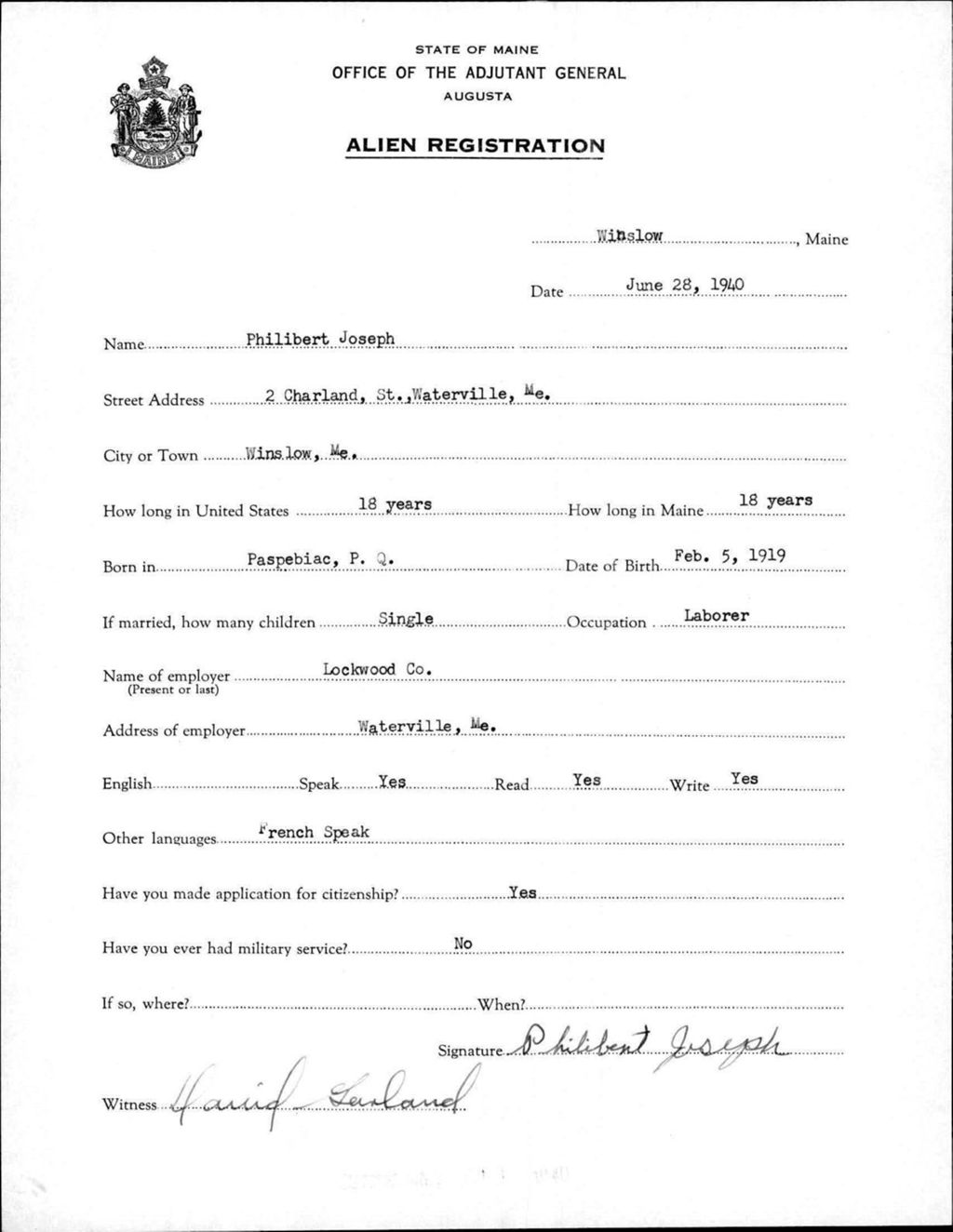 Miniature of Alien Registration- Joseph, Philibert (Winslow, Kennebec County)