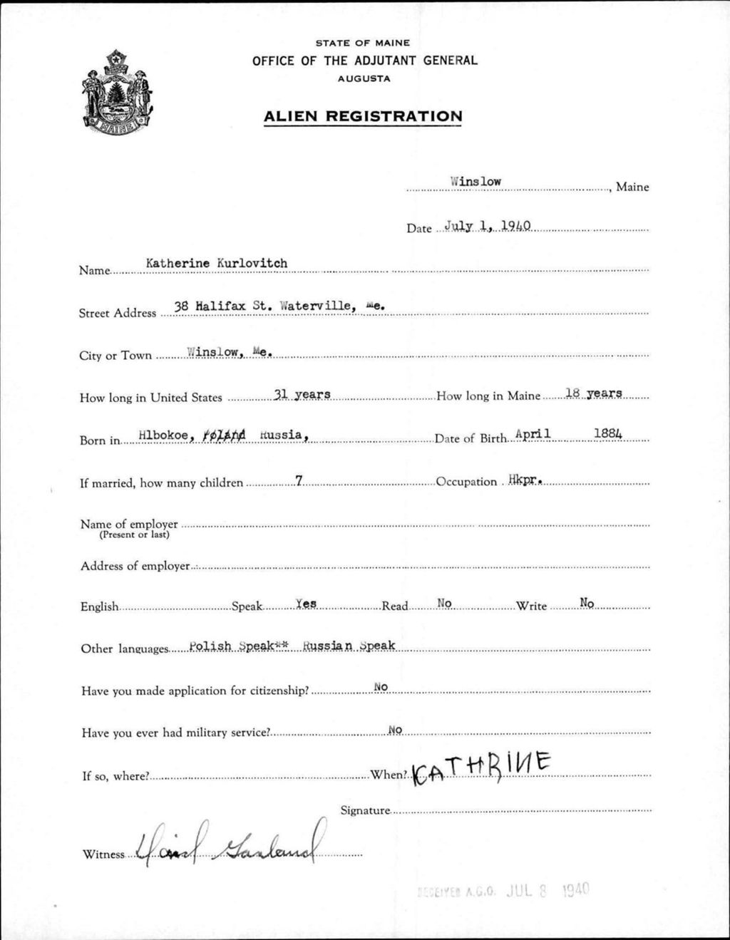 Miniature of Alien Registration- Kurlovitch, Katherine (Winslow, Kennebec County)