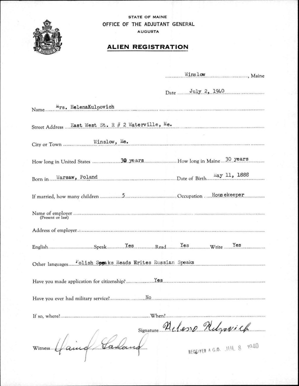 Miniature of Alien Registration- Kulpovich, Helena (Winslow, Kennebec County)