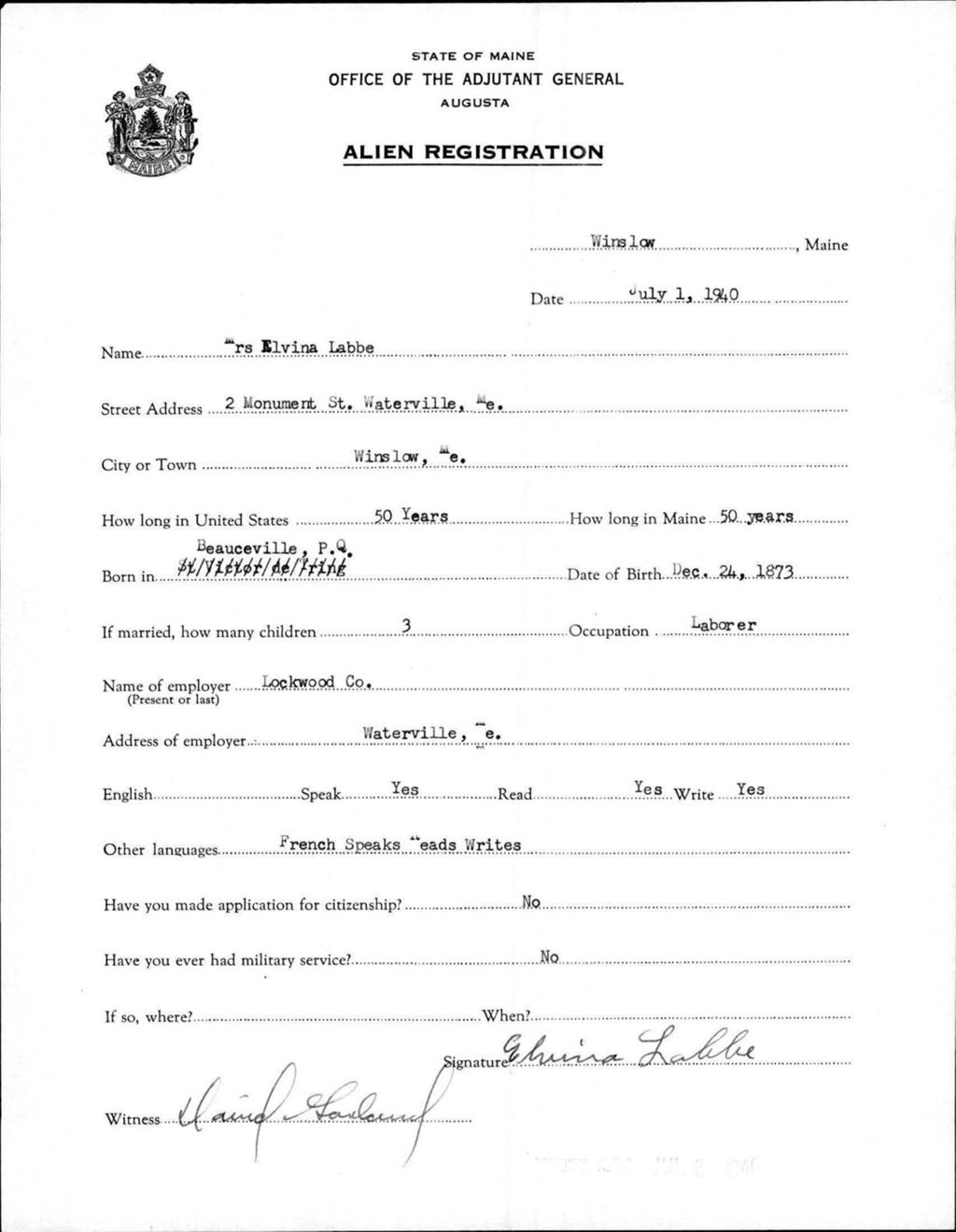 Miniature of Alien Registration- Labbe, Elvina (Winslow, Kennebec County)