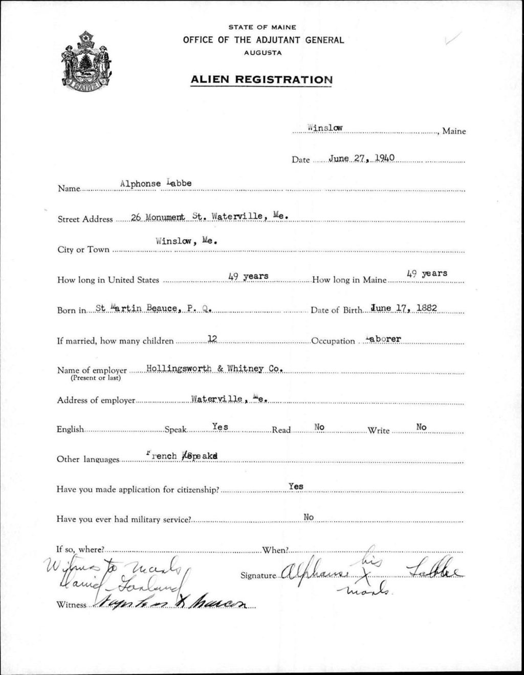 Miniature of Alien Registration- Labbe, Alphonse (Winslow, Kennebec County)