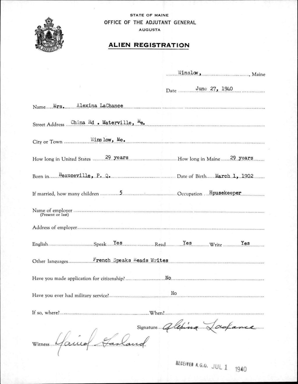 Miniature of Alien Registration- Lachance, Alexina (Winslow, Kennebec County)